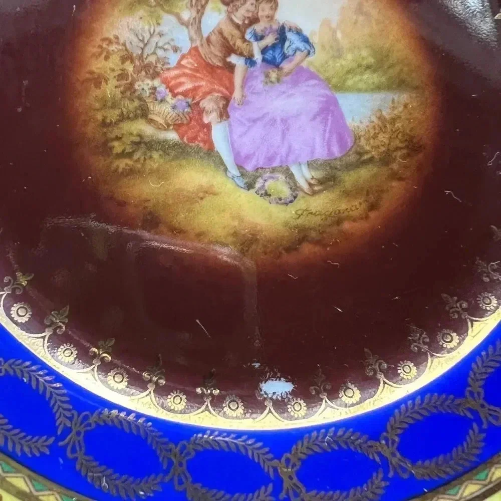 Vintage JK Carlsbad Colonial Blue And Gold China Decorative Plate 6.5” x 6.5”
